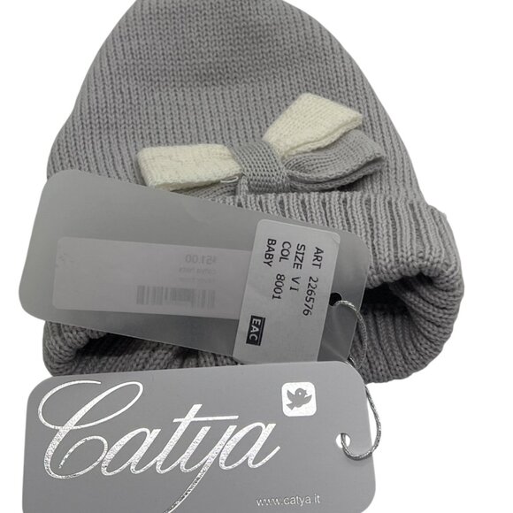Catya Knit Hat White Bow 100% Merino Wool Soft Gray NWT 18-24 Months - Picture 3 of 5